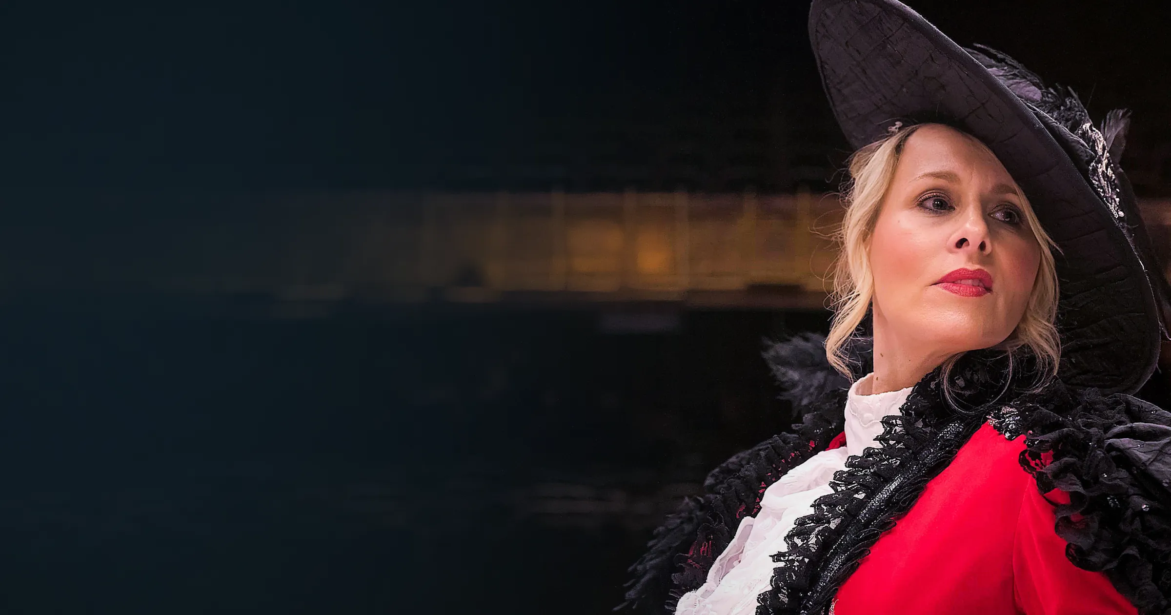 FPV Flythrough Gaiety Theatre — a cast member from Annie Get Your Gun in costume with a wide-brimmed black hat and red jacket.